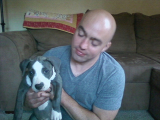 Blue with my husband shortly after we adopted her